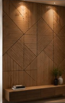 ٣٠ تصميم تكسيات جدارية — تعشيق خشبي هندسي: نمط هندسي مسدس من الخشب مع رف خشبي سفلي.
