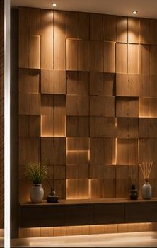 ٣٠ تصميم تكسيات جدارية — تكسية ثلاثية الأبعاد متدرجة: مكعبات خشبية متدرجة تعطي عمقًا وظلالًا دافئة.