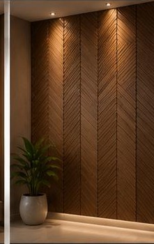 ٣٠ تصميم تكسيات جدارية — هيرنغبون خشبي مضاء: نمط هيرنغبون بإضاءة سبوت علوية تُبرز العروق.