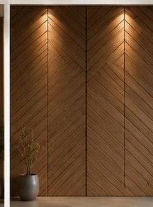 ٣٠ تصميم تكسيات جدارية — هيرنغبون بلونين: خشب بنمط هيرنغبون بتدرّجين مع إضاءة جانبية.