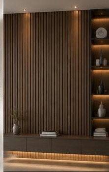 ٣٠ تصميم تكسيات جدارية — شرائح خشب بنيشات مضاءة: شرائح عمودية مع نيشات مضاءة للديكور والكتب.