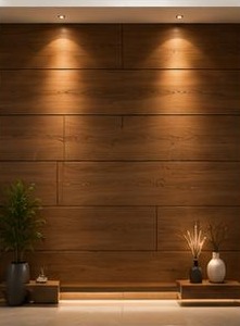 ٣٠ تصميم تكسيات جدارية — ألواح خشب عريضة: ألواح خشبية عريضة بإضاءة سبوت ورف خشبي ممتد.