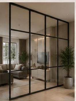 ١٩ تصميم فواصل وقواطع — قاطع زجاج بإطار أسود: زجاج شفاف بإطار معدني أسود يعزل الصوت ويحفظ الإضاءة.