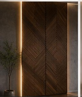 ٣٠ تصميم تكسيات جدارية — جوز شيفرون مضاء: خشب جوز بنمط شيفرون مع إضاءة جانبية مخفية.