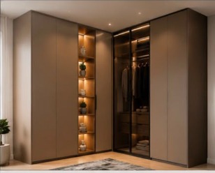 سبعة عشر تصميم دواليب وغرف ملابس — تصميم زاوي ذكي: استغلال الزوايا بأفضل شكل مع إضاءة مخفية وأبواب زجاج.