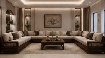 تصاميم كنب عصرية متنوعة — تصميم عربي عصري: جلسة عربية بلمسة حديثة – خشب طبيعي – تفاصيل راقية.