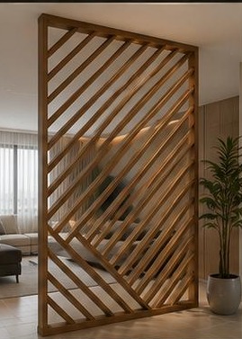 ١٩ تصميم فواصل وقواطع — فاصل بنمط قطري: شرائح خشبية متقاطعة بنمط قطري بمظهر معاصر.