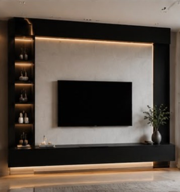 ١٢ تصميم لوحدات التلفاز — تباين أسود وأبيض: إطار أسود يحيط لوح ميكرو سمنت أبيض مع نيشات مضاءة.